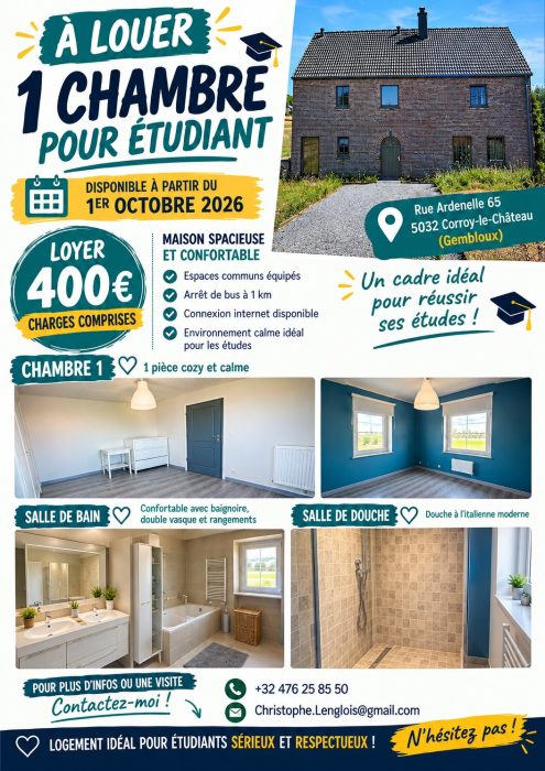 Kot bij bewoner 15 m² in Louvain-La-Neuve Gembloux